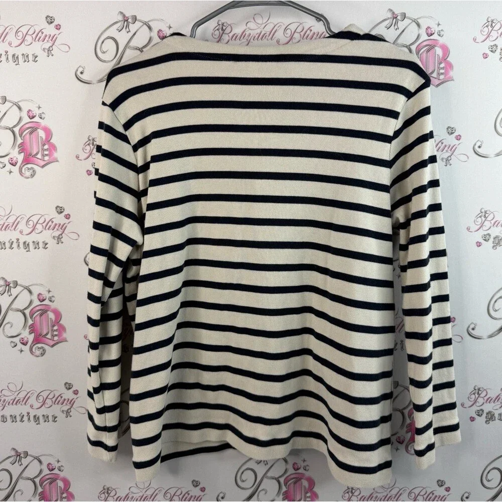 Chico's pull over shirt buttons, navy Black and White Striped Long Sleeve Top